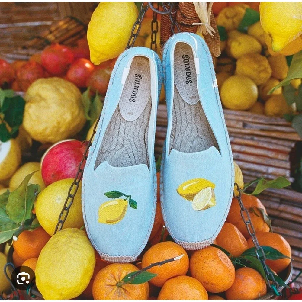 Soludos Espadrille Women's US 10 Lemon Embroidered Organic Cotton Shoes Dopamine